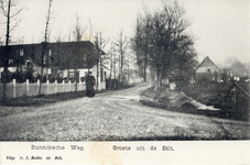 8073 Gezicht in de Oude Bunnikseweg te De Bilt uit het zuiden, met links de achterzijde van enkele huizen aan de Prinsenlaan.